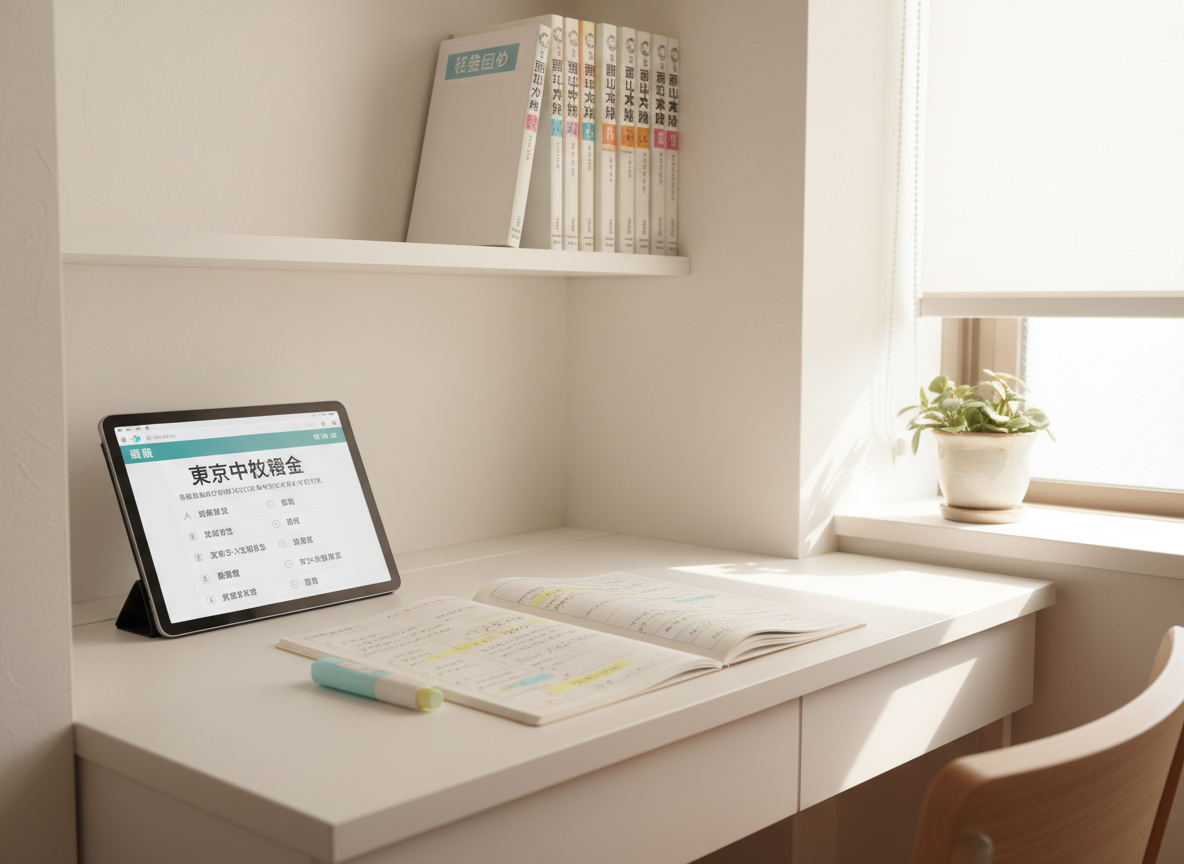 A serene self-study corner designed for a 小学生 in 品川区, featuring a compact white desk built into a quiet alcove, free of any human presence. On the desk, a tablet displays a clean digital mock exam interface for 都立中適性検査, next to an open notebook filled with carefully ruled Japanese notes and pastel highlighter marks. A small shelf above holds neatly arranged reference books labeled 「都立中対策」 and 「基礎固め」. Natural daylight pours in from a nearby window, softened by a translucent blind, creating a bright, tranquil glow and subtle shadows under the shelf. Photographed at a three-quarter angle in photographic realism with a moderate depth of field, the atmosphere feels sophisticated, focused, and gently encouraging, ideal for sustained study.