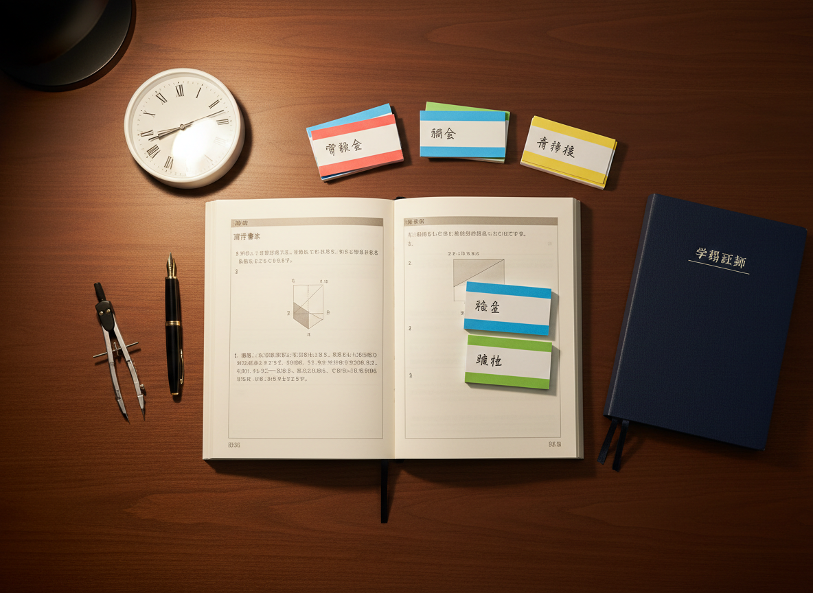 An elegant flatlay of 都立中 entrance exam preparation materials on a smooth, dark wood table with a refined matte finish. In the center lies an open workbook displaying a sample 適性検査 problem with neatly printed Japanese text and a small diagram, surrounded by color-coded index cards, a slim black fountain pen, and a precise metal compass. A clean, white analog clock shows early evening study time, and a subtle navy-blue notebook titled 「学習計画」 sits partially open. Soft, warm desk-lamp lighting from the upper left casts gentle shadows and delicate highlights on the paper texture, creating a focused, contemplative mood. Shot from a true top-down, bird’s-eye perspective in photographic realism, the composition is balanced and minimal, evoking organized, methodical exam preparation.