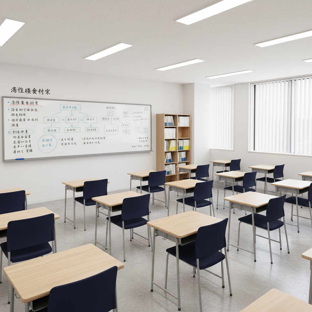 A spacious, modern classroom interior in photographic realism, completely empty of people, with individual pale wood desks and ergonomic navy chairs arranged in orderly rows. On the front wall, a large whiteboard is filled with neatly written Japanese notes about 適性検査対策, logical diagrams, and key vocabulary in clean black and muted blue marker. Beside it, a thin bookshelf holds carefully aligned reference books labeled for 国語, 算数, and 理系分野. Warm, diffused ceiling lighting combines with faint natural light from tall windows, creating a bright yet gentle atmosphere. Captured from a slightly elevated corner angle with sharp focus throughout, the composition emphasizes structure, clarity, and a sophisticated, disciplined learning space suitable for serious 都立中 exam preparation.