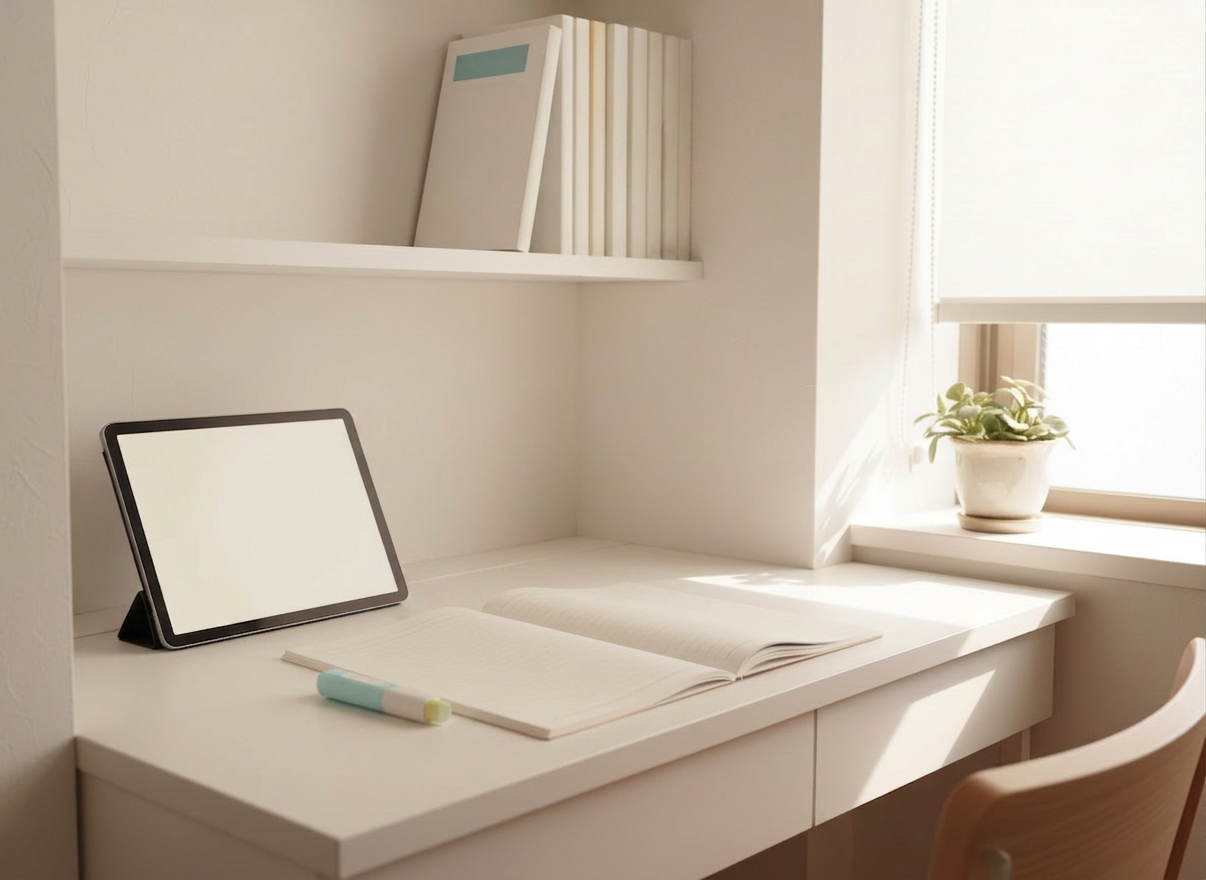 都立中受験 A serene self-study corner designed for a 小学生 in 品川区, featuring a compact white desk built into a quiet alcove, free of any human presence. On the desk, a tablet displays a clean digital mock exam interface for 都立中適性検査, next to an open notebook filled with carefully ruled Japanese notes and pastel highlighter marks. A small shelf above holds neatly arranged reference books labeled 「都立中対策」 and 「基礎固め」. Natural daylight pours in from a nearby window, softened by a translucent blind, creating a bright, tranquil glow and subtle shadows under the shelf. Photographed at a three-quarter angle in photographic realism with a moderate depth of field, the atmosphere feels sophisticated, focused, and gently encouraging, ideal for sustained study.